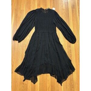NWT Ulla Johnson Arielle Dress Noir Black Silk Chiffon Smocked Ruffle Size 8